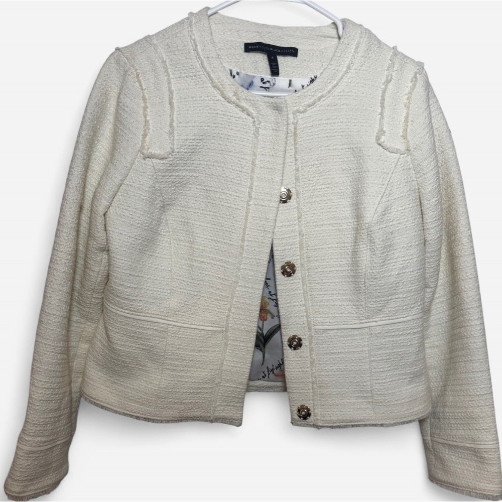 White House Black Market Cream Boucle Tweed Trophy Jacket Frayed Trim Size 8